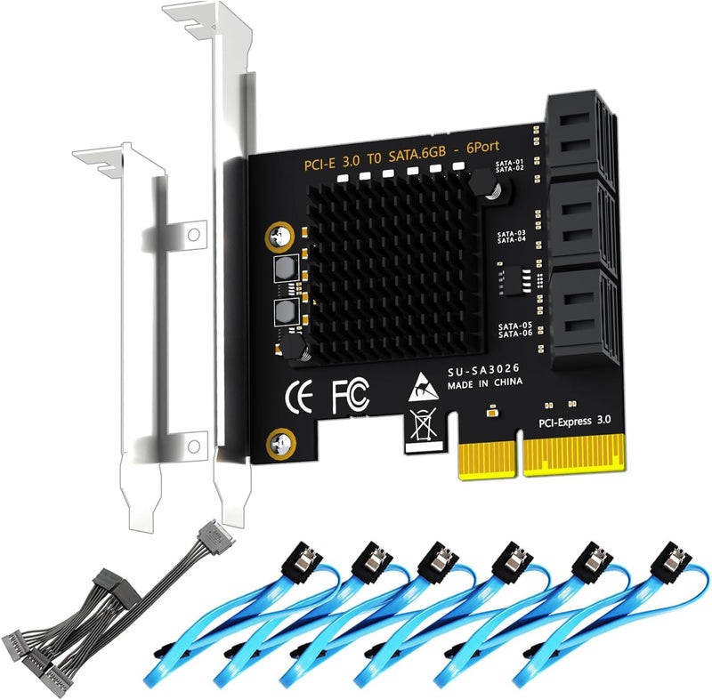 GLOTRENDS SA3026-C 6-Port PCIe X4 SATA Expansion Card with SATA and Power Cables, Compatible with Windows,Linux,Mac OS,NAS - Image 1